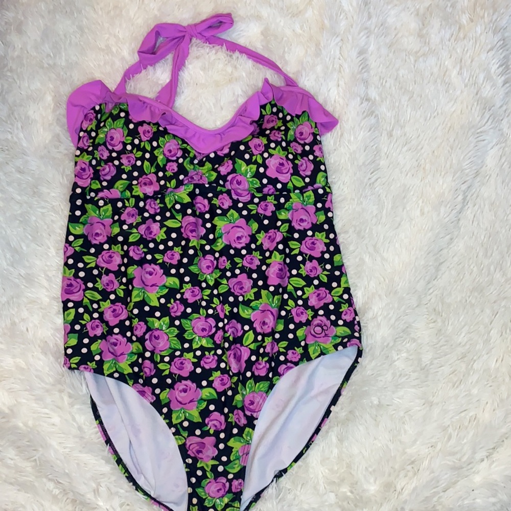 OP Purple Rose Black White Polka Dot One Piece Bathing Suit Size XXL - Picture 2 of 10